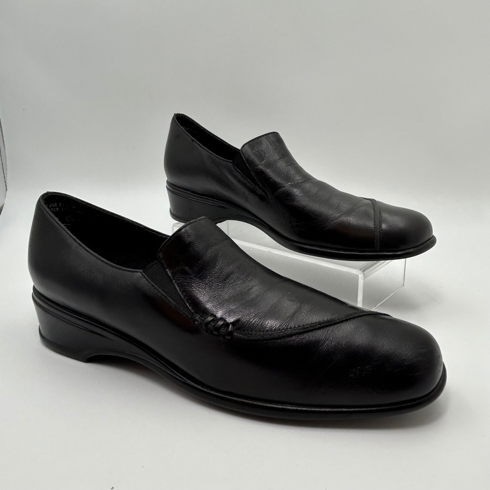 Munro American Leather Loafers Womens 8.5 M Black Wedge Slip On Office Classic